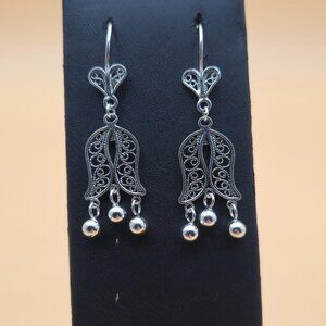 Sterling Silver Large Filigree Flower Dangle Earrings A4589